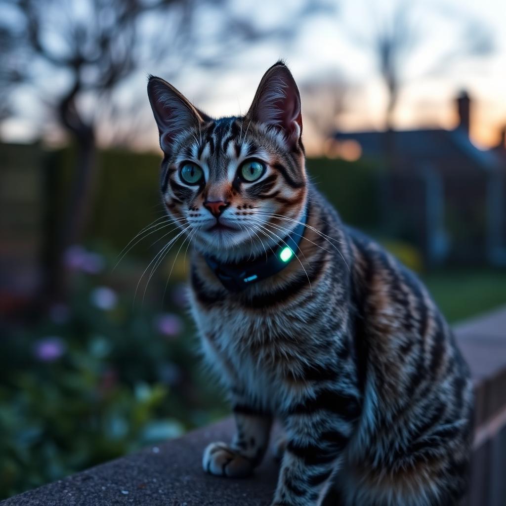 Katze auf einer Mauer in der Abenddämmerung mit schlankem GPS-Tracker am Halsband